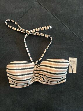 Shade & Shore Ribbed Striped Bandeau Bikini Top in Black, Cream & Brown